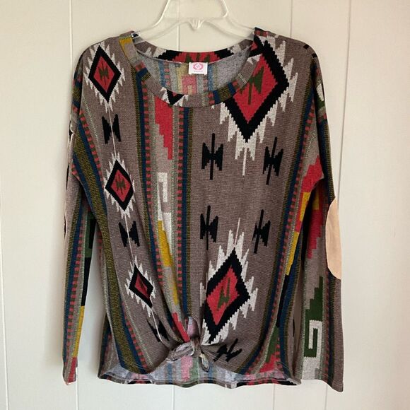 Wanna B Womens Aztec Tie Front Multicolor Long Sleeve Sweater Size Large - Picture 3 of 13